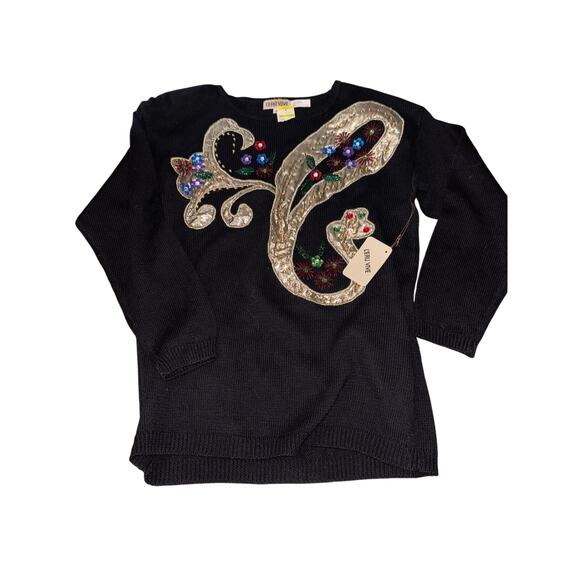 Vintage 1990s Leau Vive black sweater with shoulder pads sequence y2k - Picture 1 of 5